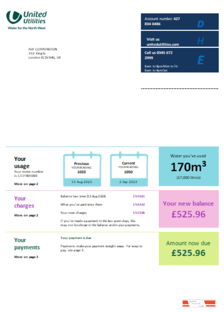 United Utilities utility business bill, SCR PSD template